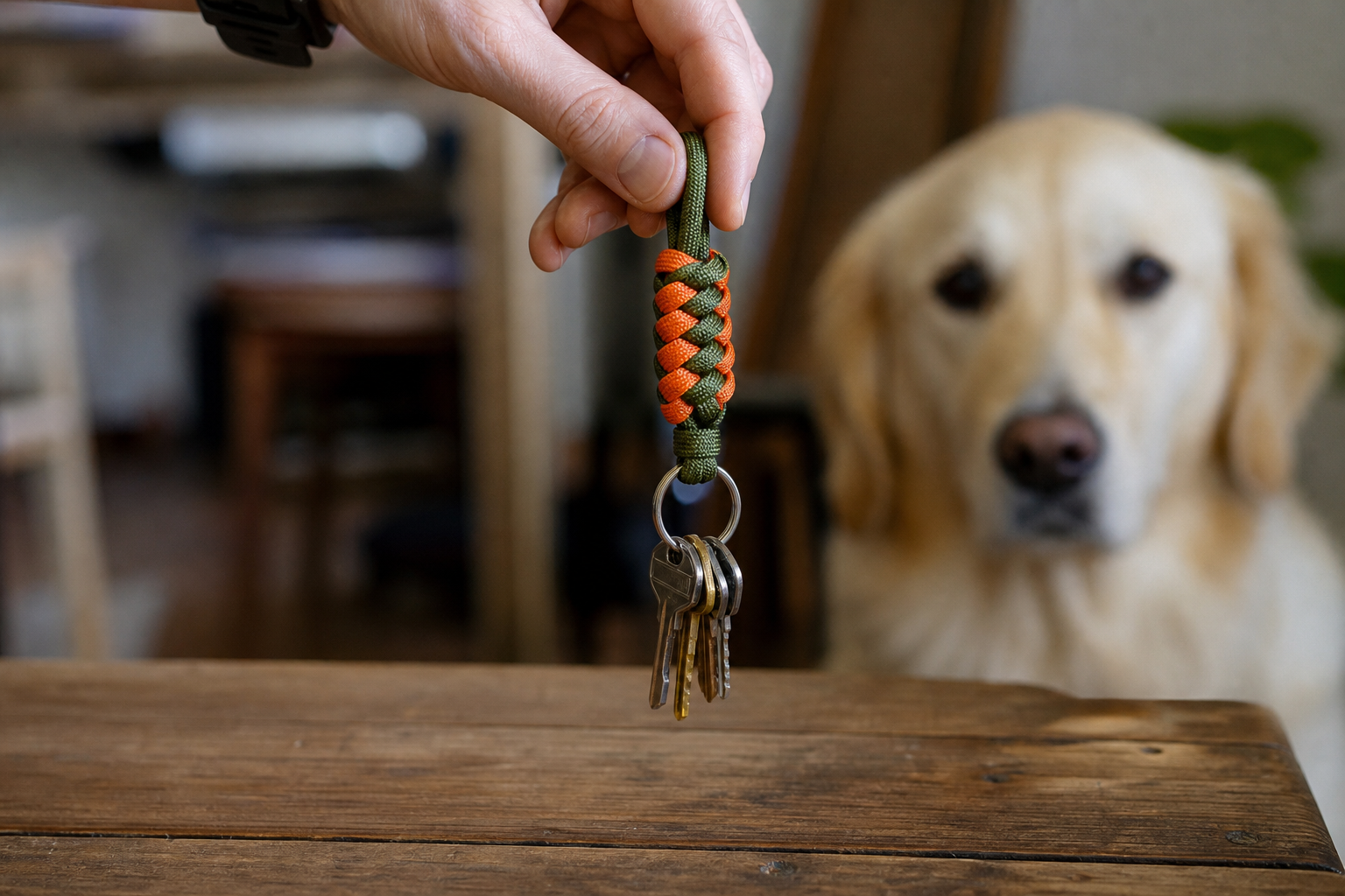 Box knot paracord keychain in olive and orange held above a wooden table with steel keys