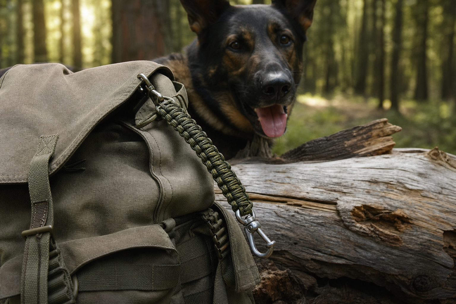 Cobra stitched paracord lanyard in olive green with a steel clip fastened to a backpack strap on a forest log