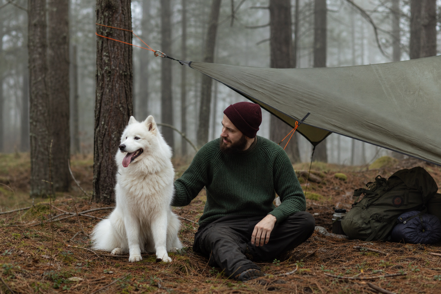Paracord ridgeline tensioned between pine trees at a misty camp with tarp and backpack below