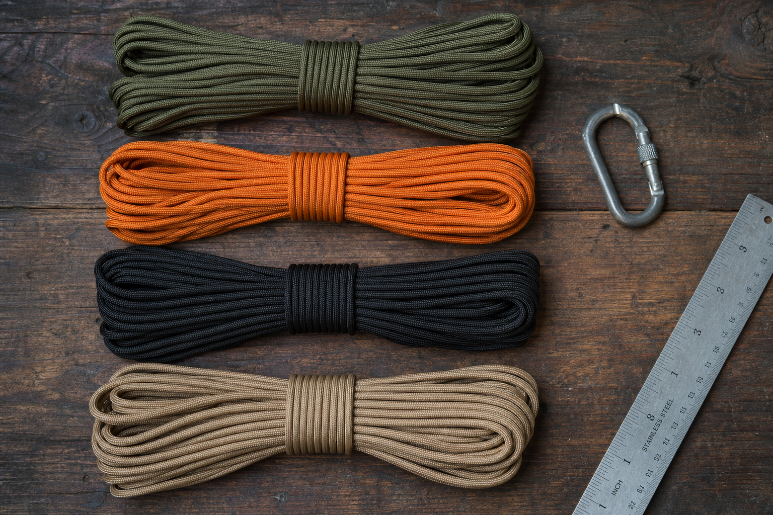 Coils of type III paracord in olive drab, orange, black and tan laid out on a walnut workbench